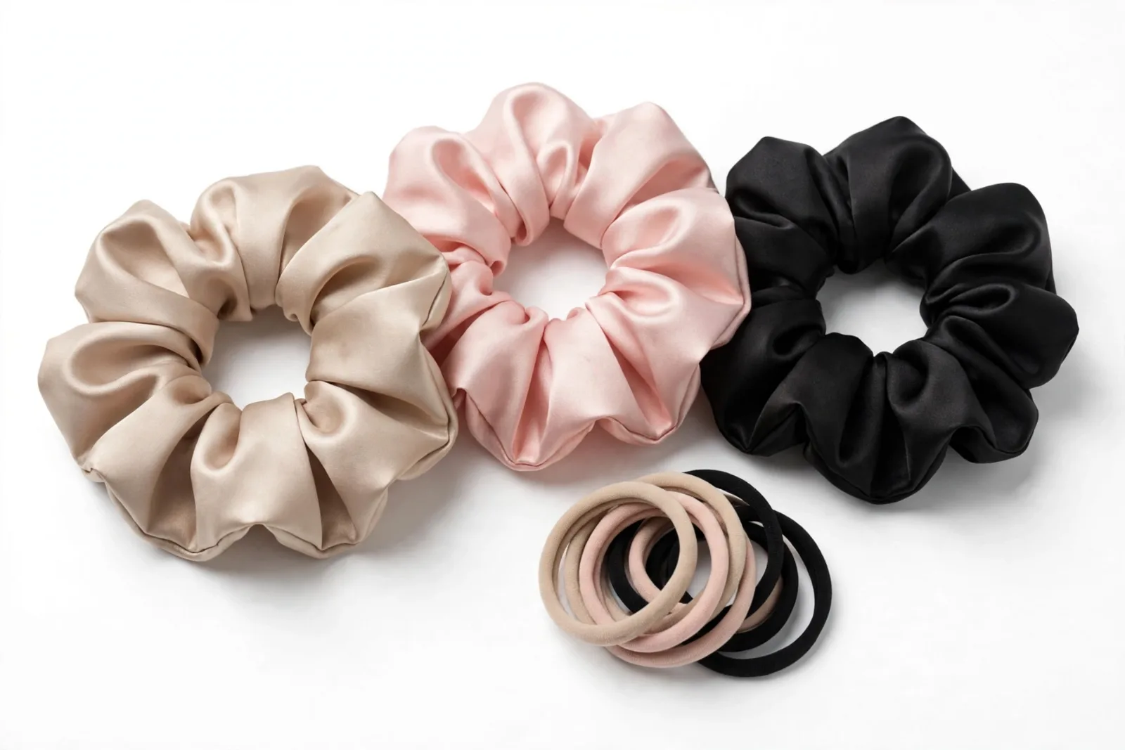 Scrunchies & Hair Ties collection, studio product photo on white background