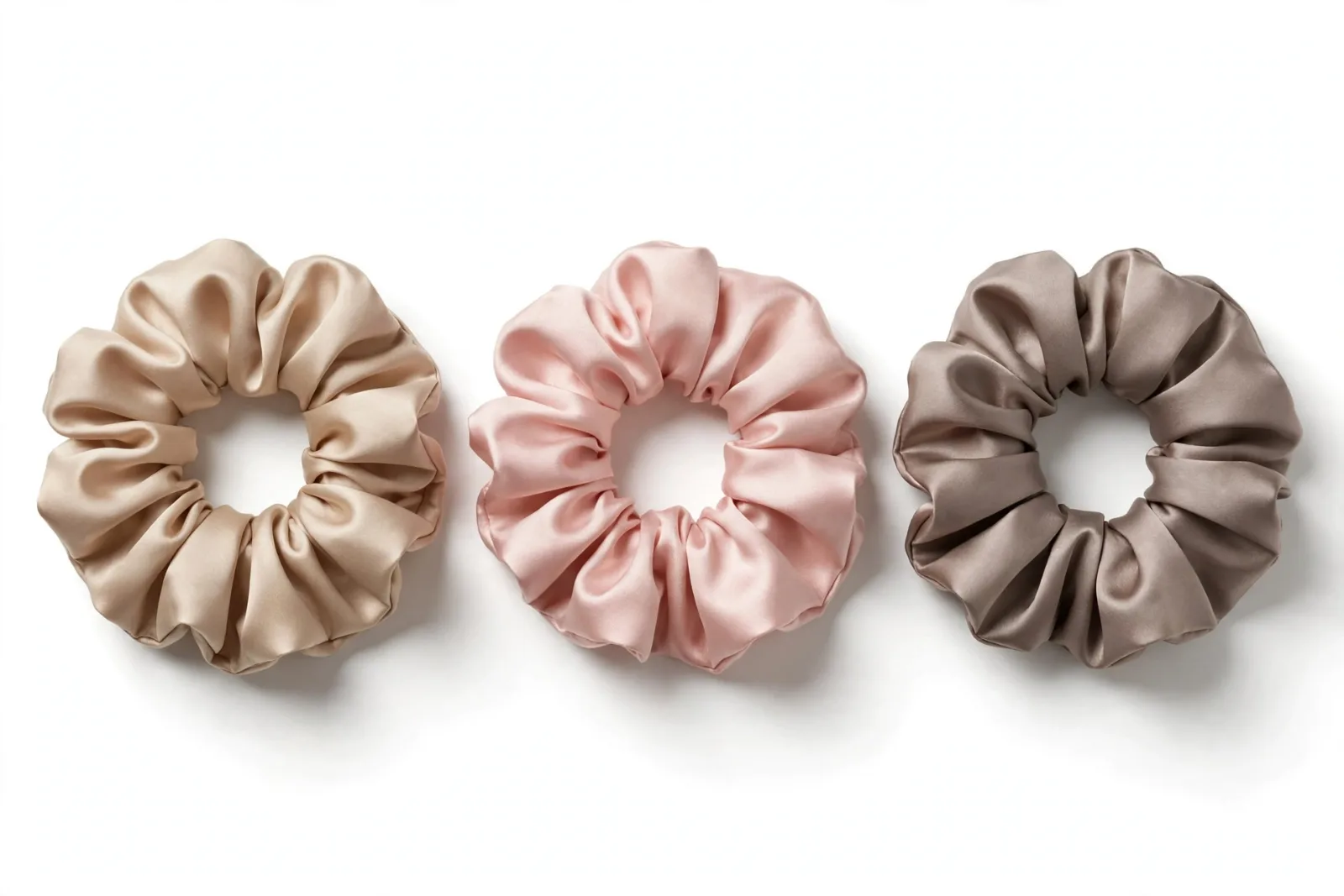 Satin Scrunchies 3-Pack Neutrals, studio product photo on white background