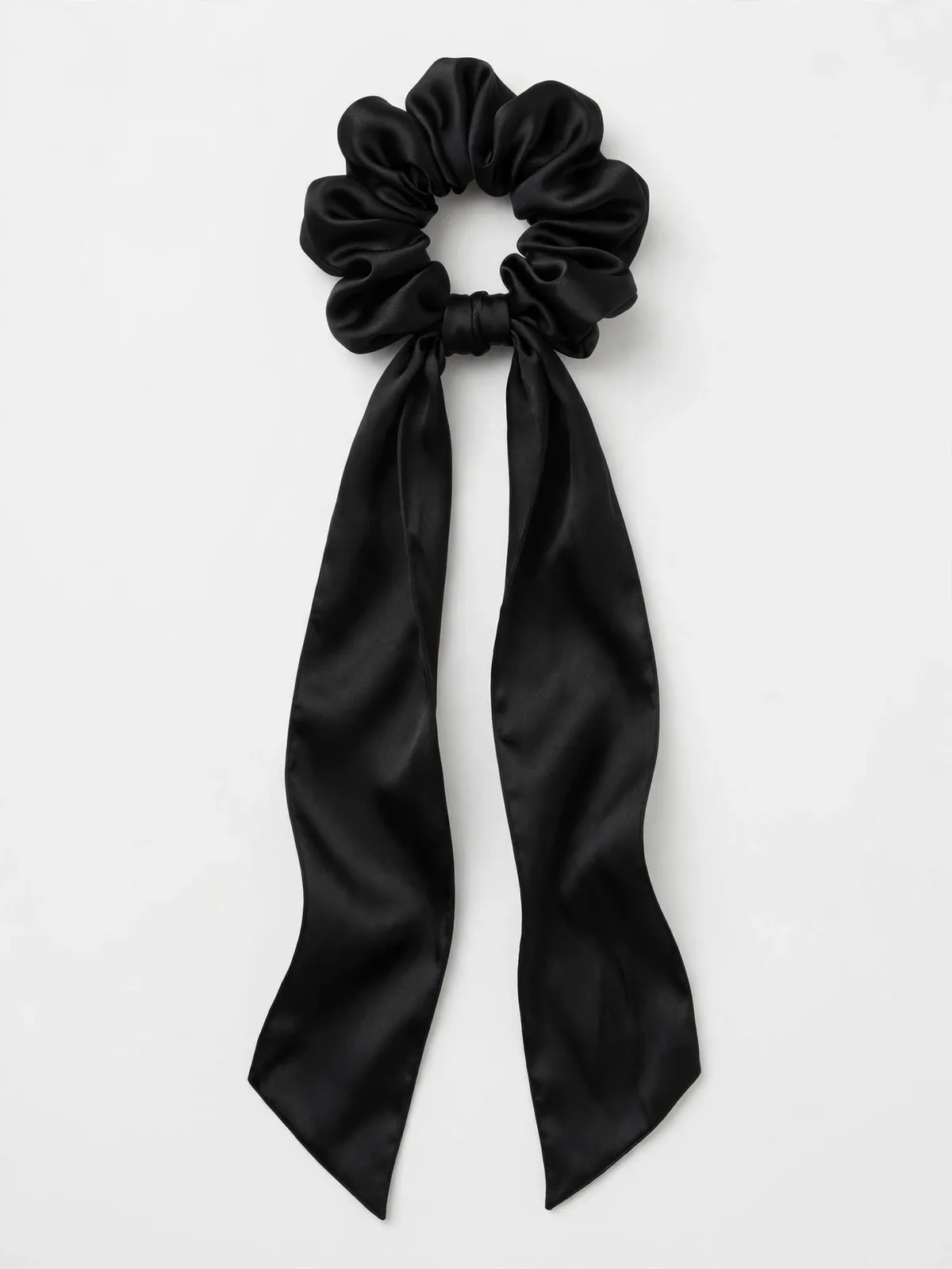 Black Bow Tail Scrunchie, studio product photo on white background