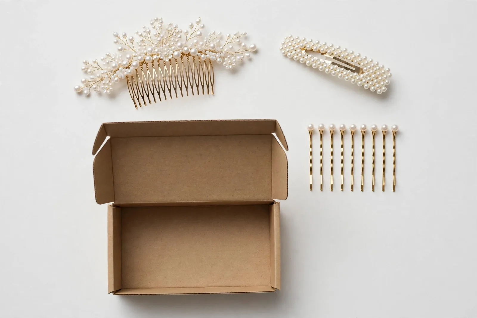 Bridal Pearl Hair Set (Comb, Barrette & Pins), studio product photo on white background