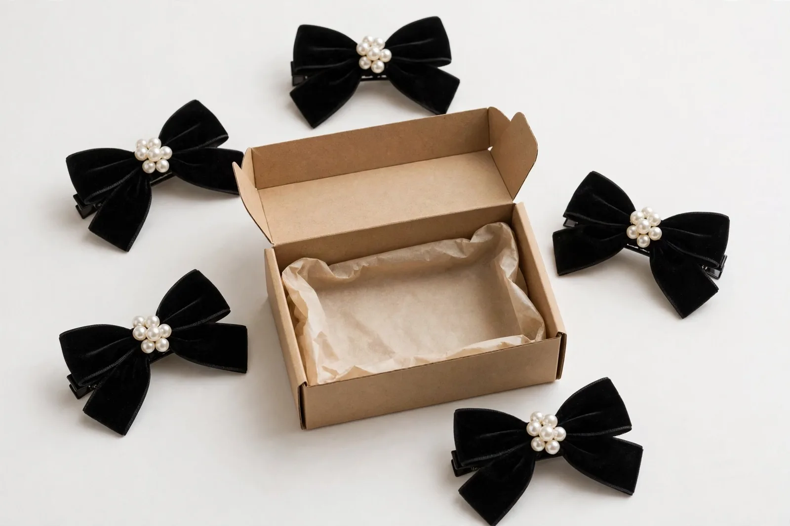 Bridesmaid Pearl Bow Clip Set (5 Clips), studio product photo on white background