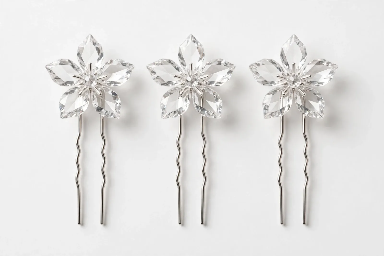 Silver Crystal Bridal Hair Pins (3-Pack), studio product photo on white background