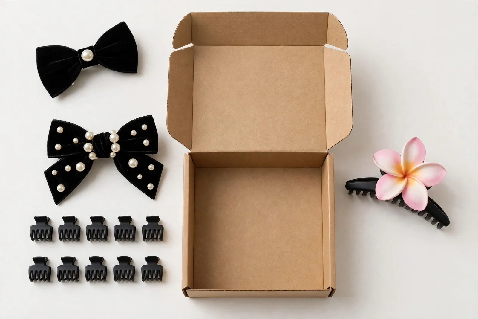 Girls' Party Hair Set (Bow Clips, Mini Clips & Flower Clip), studio product photo on white background