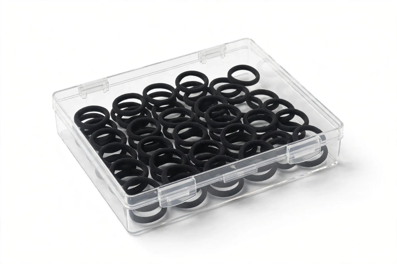 Black Hair Ties with Storage Box (40-Pack), studio product photo on white background