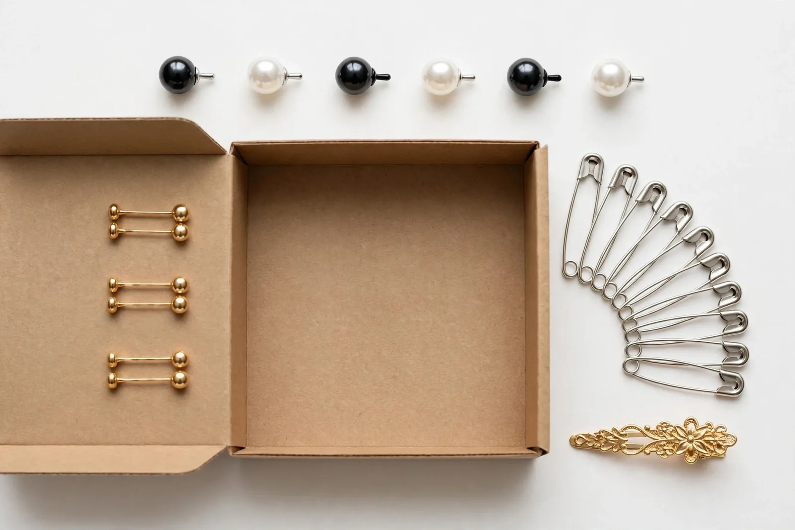 Hijab Essentials Kit (Pins, Magnets & Khaleeji Clip) gift set, studio product photo on white background