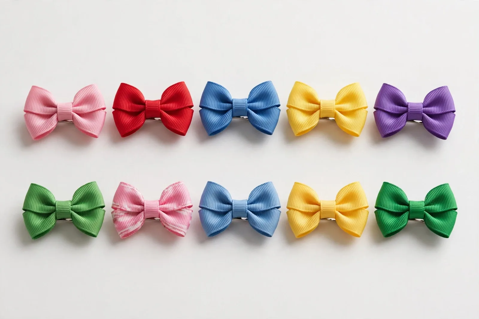 Rainbow Mix Kids Ribbon Bow Clips (10-Pack), studio product photo on white background