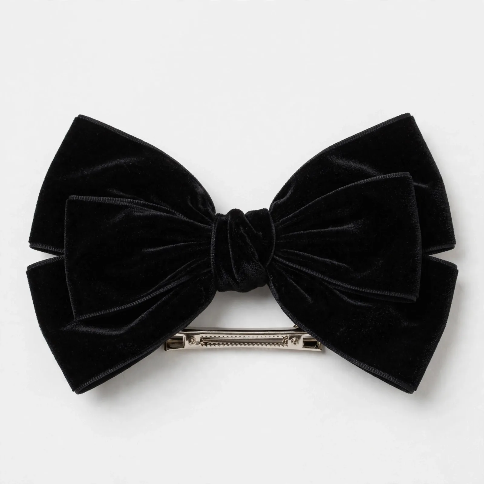 Black Large Velvet Bow Barrette, studio product photo on white background