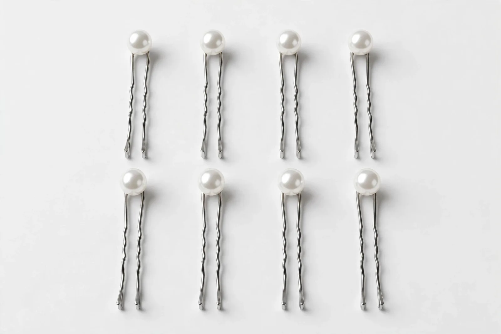 White Pearl Bobby Pins (8-Pack), studio product photo on white background