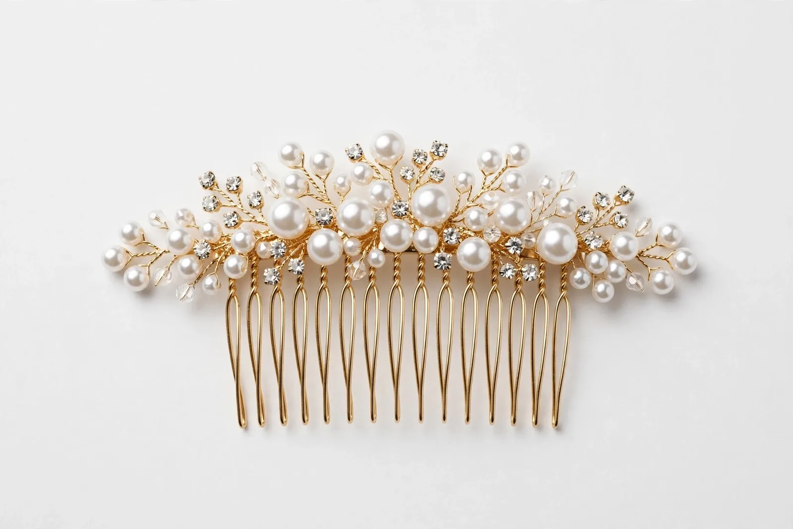 Gold & Pearl Bridal Hair Comb, studio product photo on white background