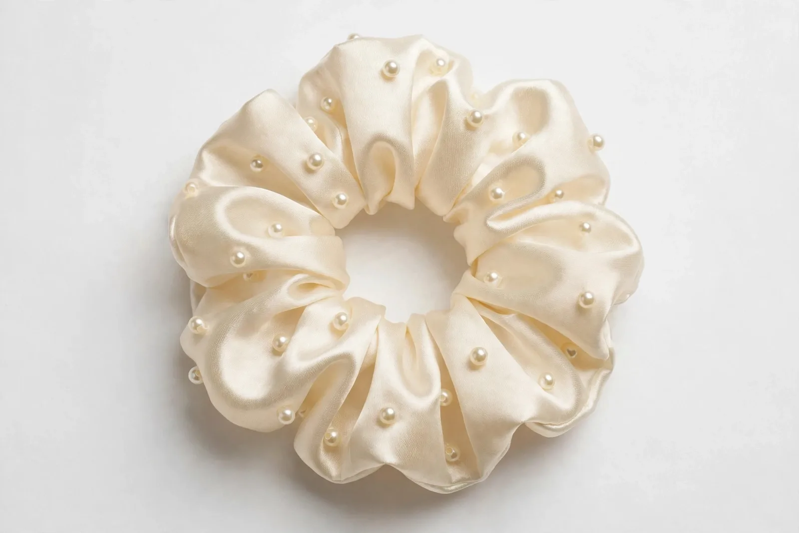 Cream Pearl Scrunchie, studio product photo on white background