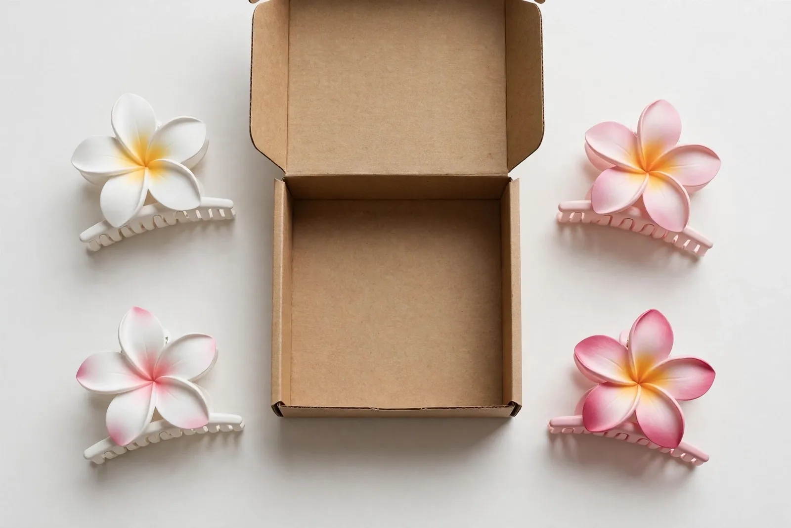 Plumeria Flower Claw Clips (4-Pack) gift set, studio product photo on white background