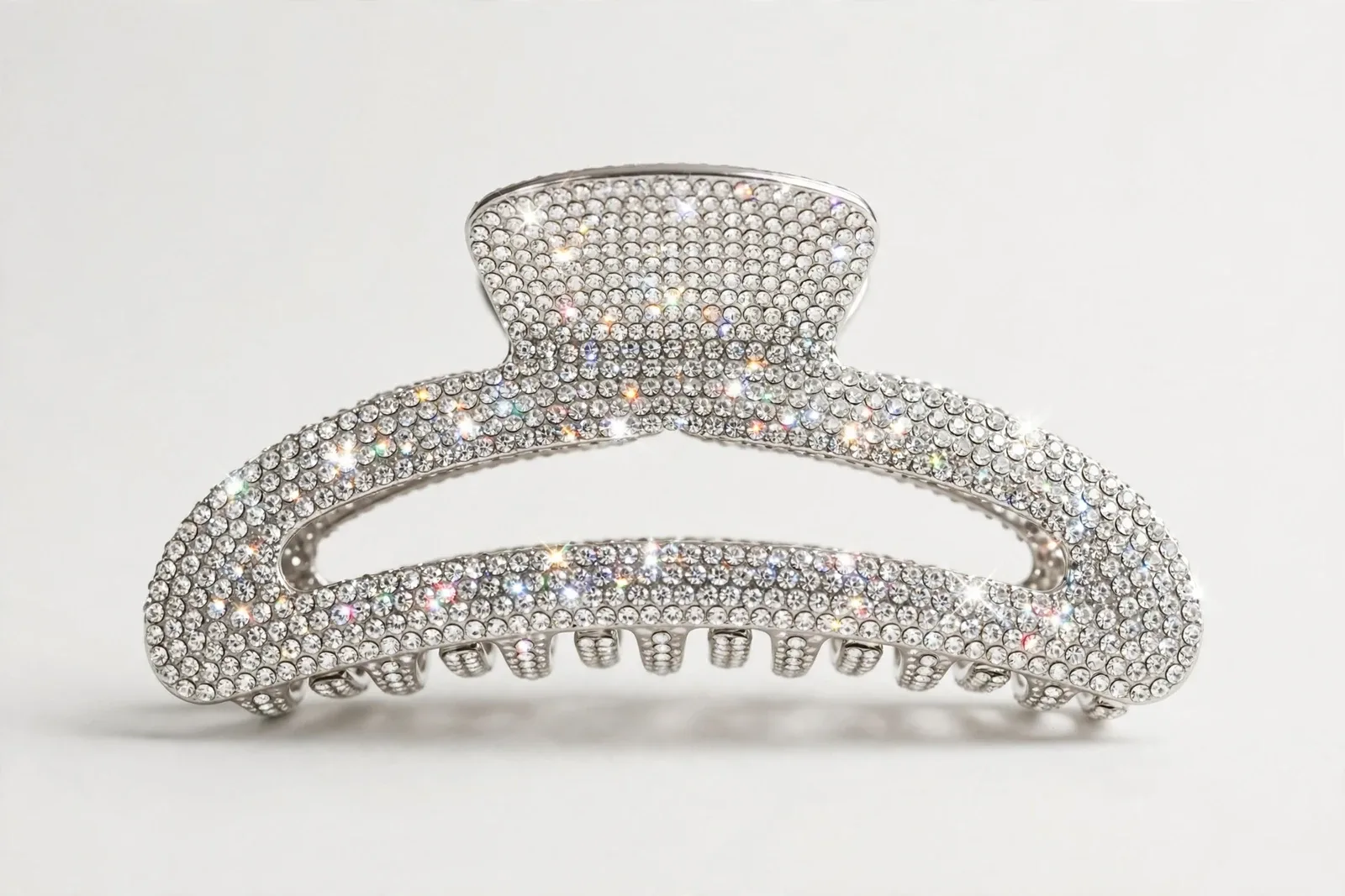 Silver Rhinestone Sparkle Claw Clip, studio product photo on white background