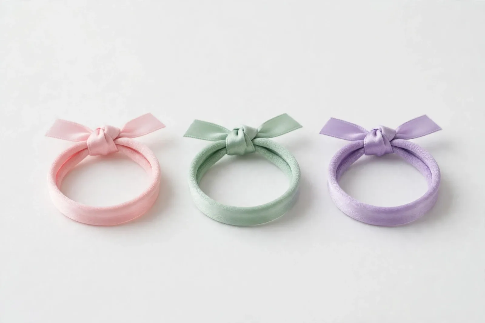 3 Satin Ribbon Bow Hair Ties (3-Pack), studio product photo on white background