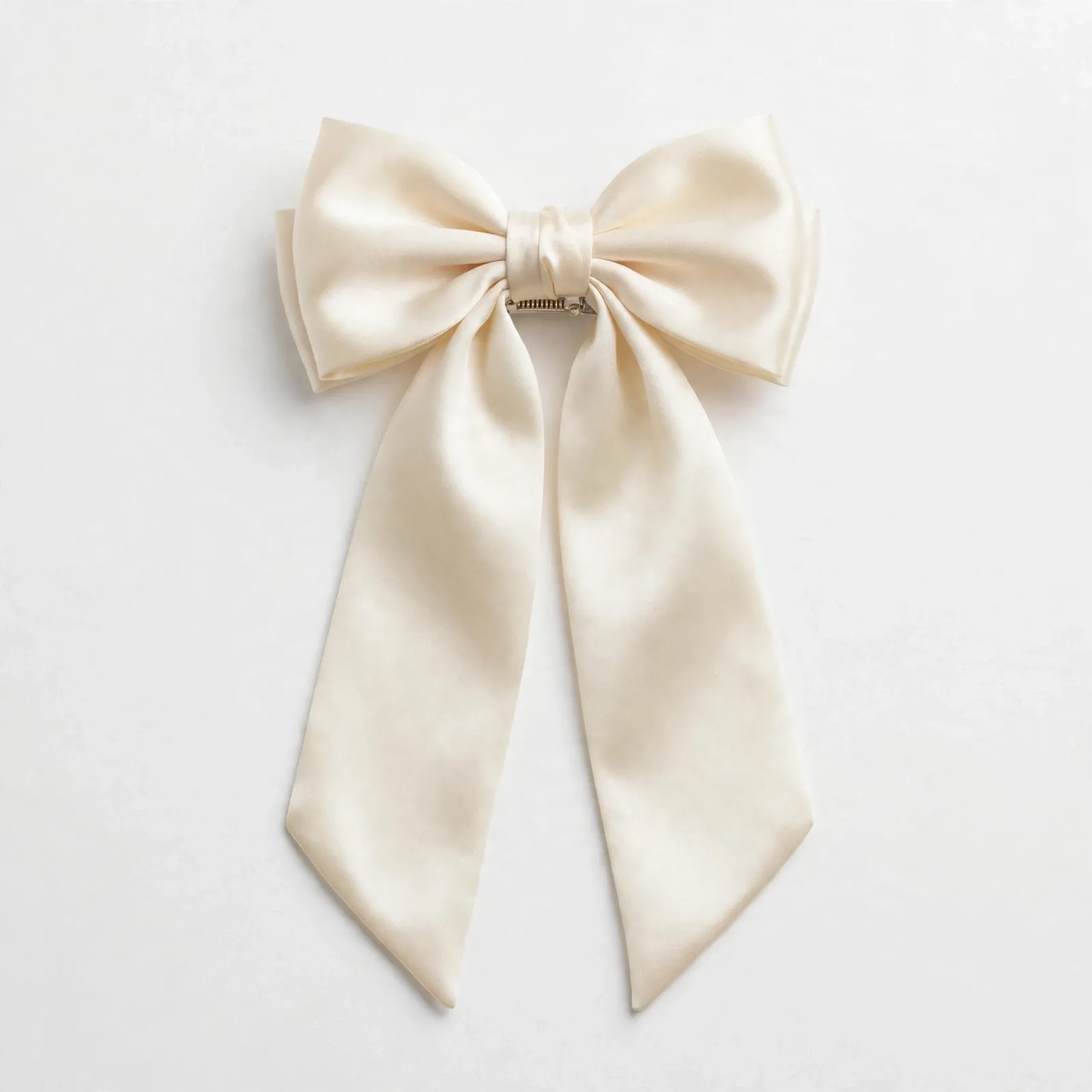Cream Satin Bow Hair Clip, studio product photo on white background