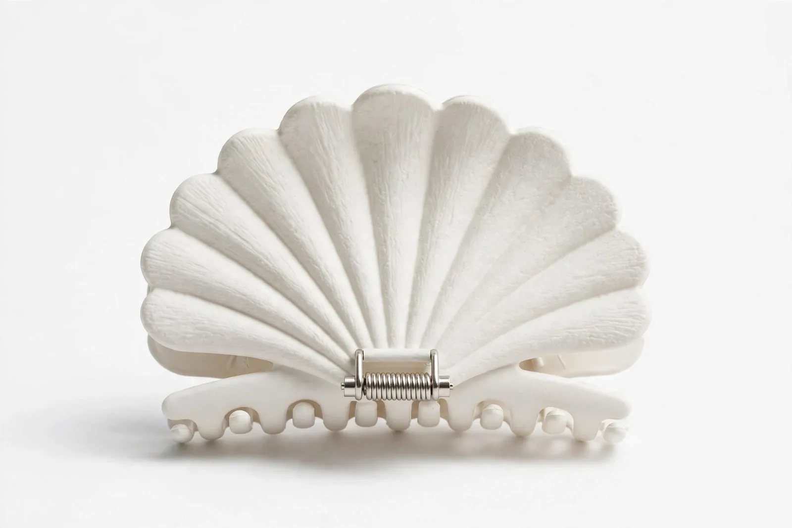 White Seashell Claw Clip, studio product photo on white background
