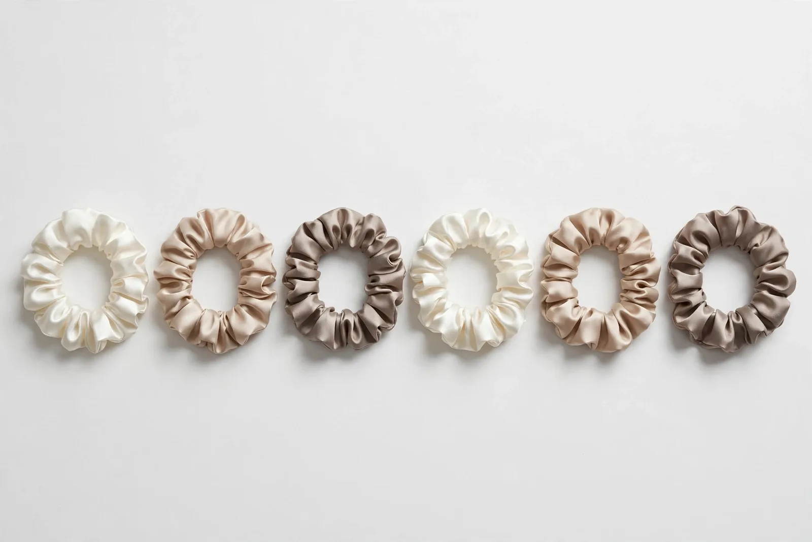 Neutrals Skinny Satin Scrunchies (6-Pack), studio product photo on white background