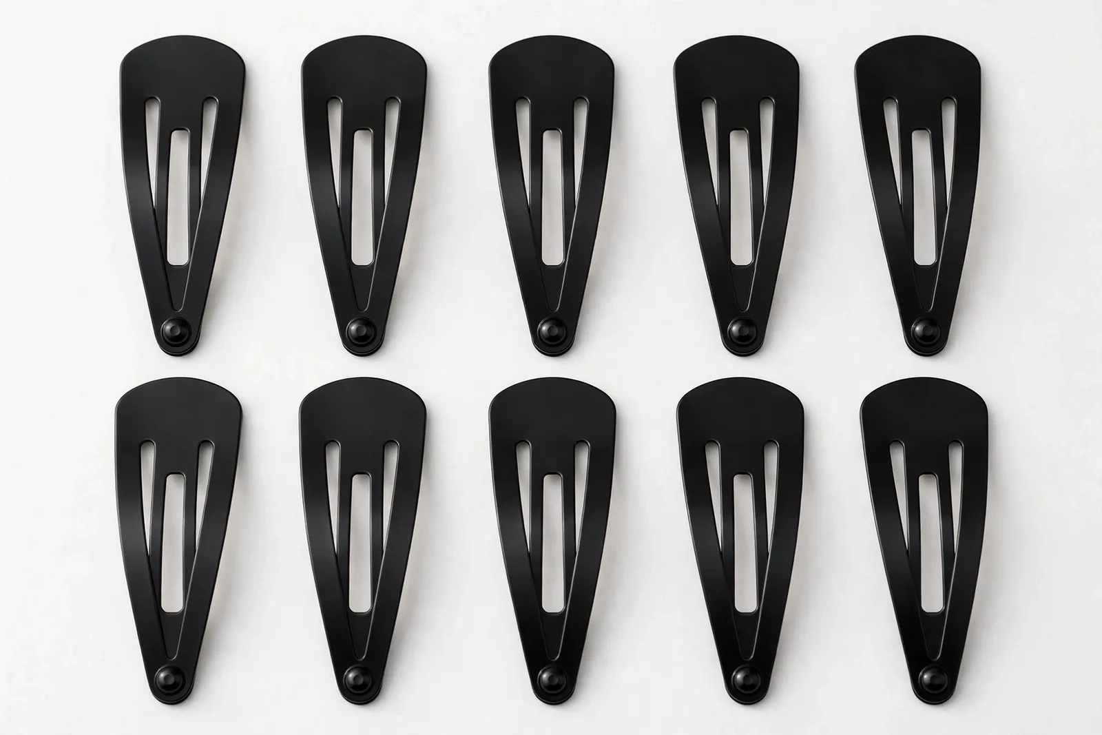 Black Snap Hair Clips (10-Pack), studio product photo on white background