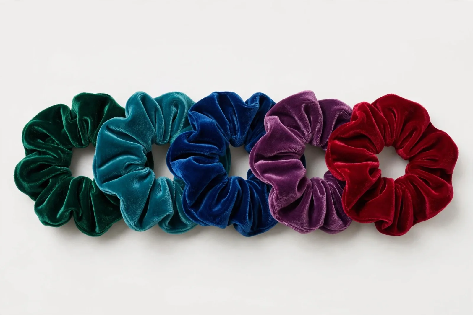 Jewel Tones Velvet Scrunchies (5-Pack), studio product photo on white background